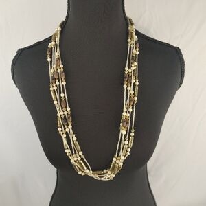 Vintage Multi Strand Beaded Necklace Cream Brown Gold Tone Seed Bead Statement